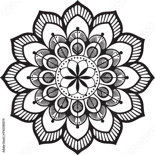 Intricate black and white mandala pattern radiates with symmetrical floral and geometric elements, with transparent background