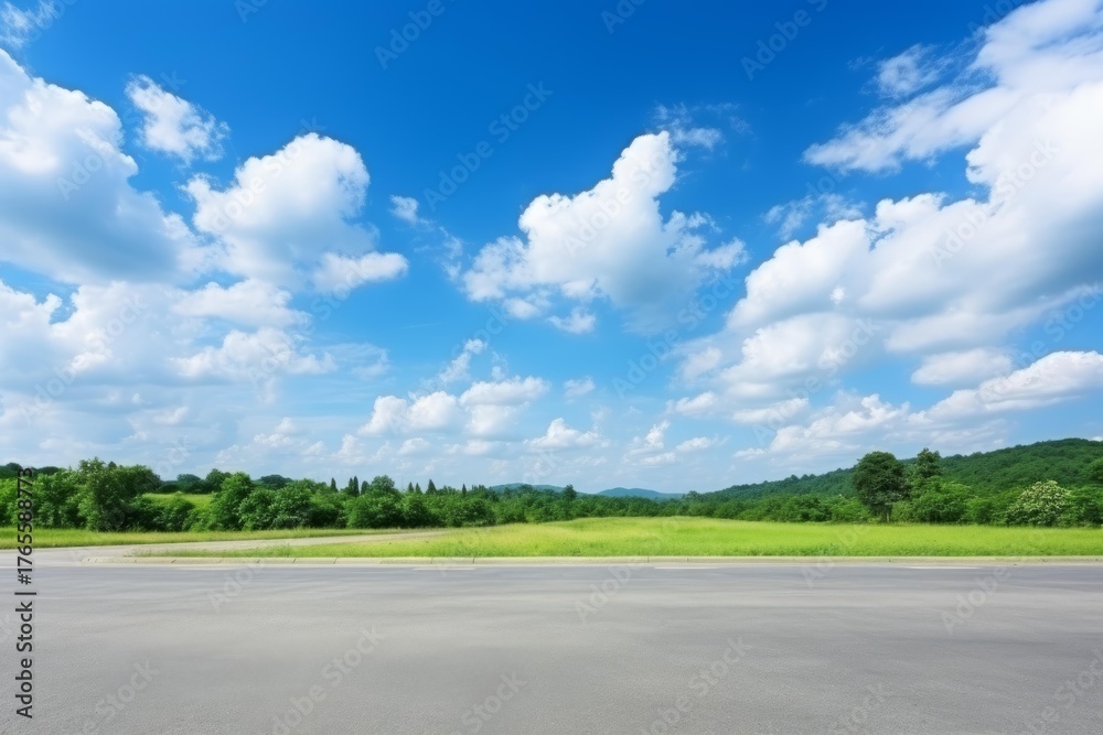 Fototapeta premium Empty asphalt road and green forest landscape under the blue sky with beautiful clouds in springtime