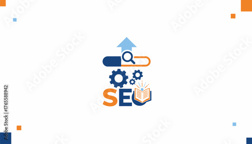 Seo acronym formed from a search bar with upward arrow, gears and an open book with radiating light, symbolizing search engine optimization, analytics, growth and learning