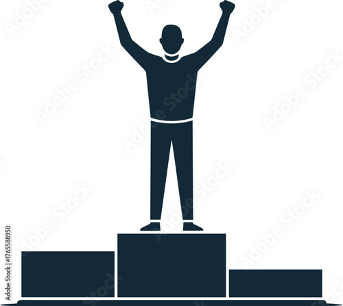Silhouette of a person standing victoriously on podium with raised fists in celebration