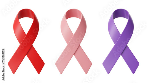 World cancer day set of ribbons. Red, pink, purple ribbon 3d render illustration isolated on transparent background.