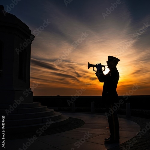 Veterans day tribute with bugler at sunset for commemorative poster design