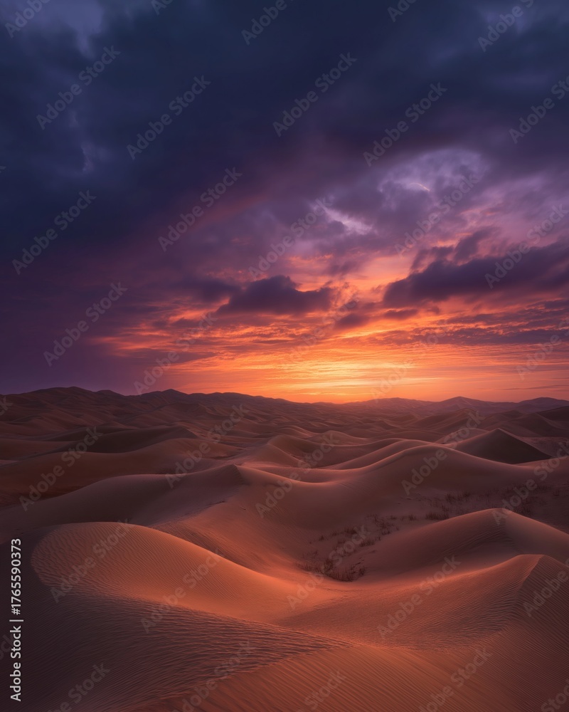 Naklejka premium Dramatic sunset over the endless dunes creating a majestic landscape.