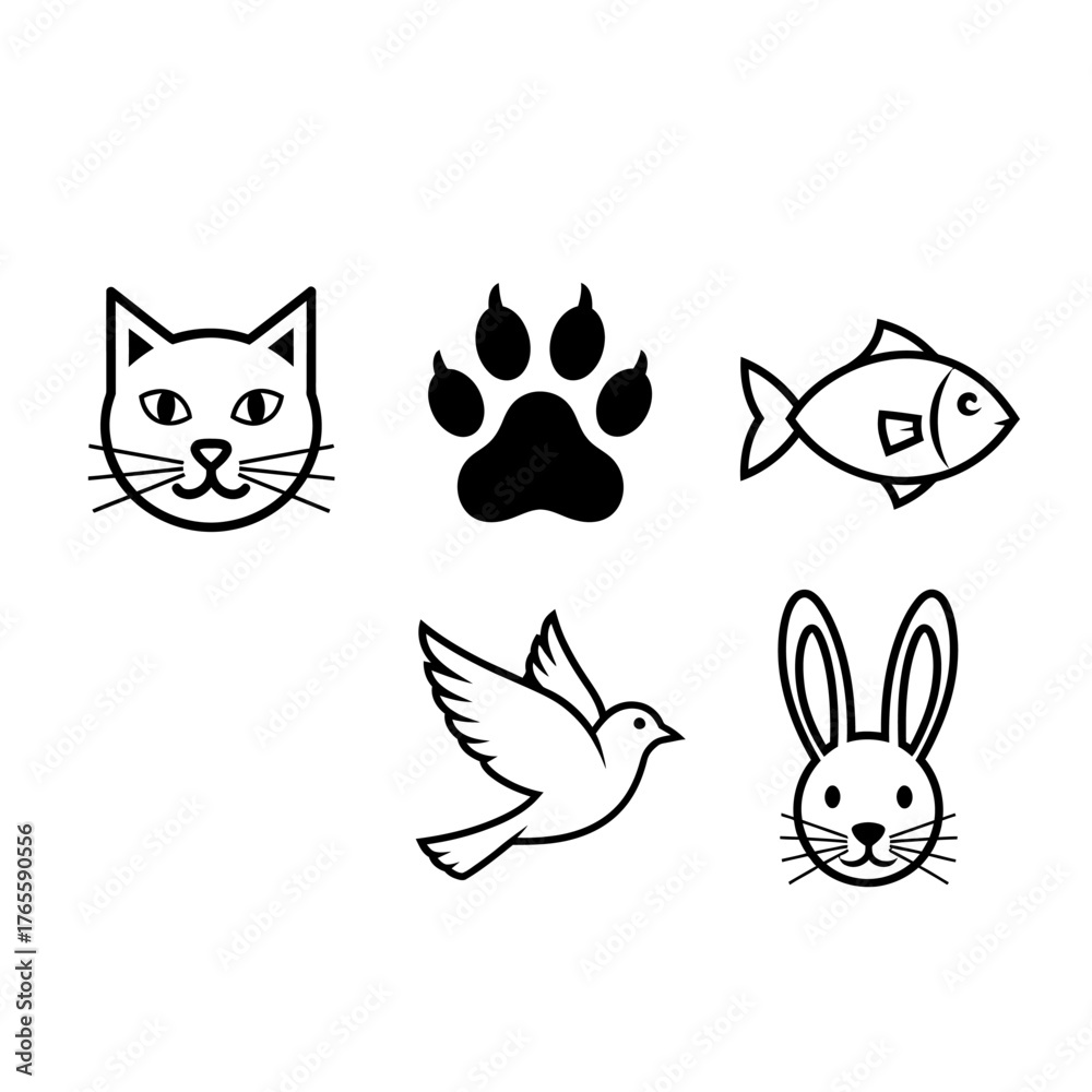 Fototapeta premium Diverse Animal Icons Cat Paw Print Fish Bird and Rabbit.