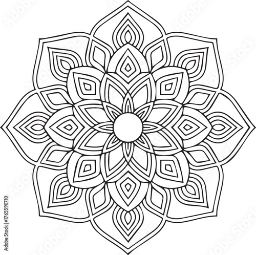 Symmetrical outline mandala with intricate floral elements on a clean white background