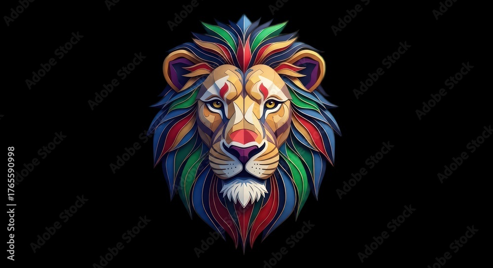 Fototapeta premium Colorful Lion Portrait with Abstract Design on Black Background.