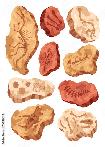 Dinosaur fossil skeleton bones, excavations of archeology isolated set. Collection of prehistoric reptile skeletons lying underground. Cartoon paleontological artifacts