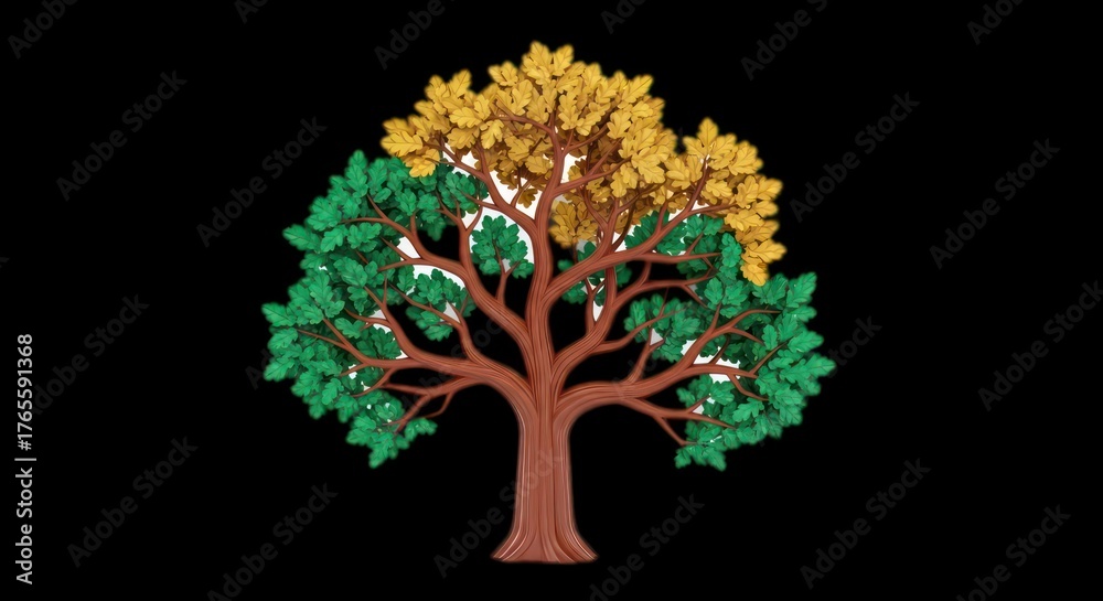 Fototapeta premium Colorful Tree Illustration with Green and Yellow Leaves on Black Background.