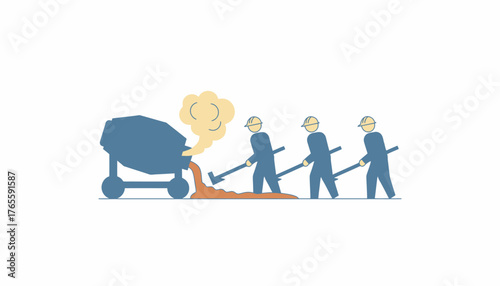 Construction workers using shovels and rakes to level wet concrete being dispensed from a rotating cement mixer, performing manual labor for building projects, with a transparent background
