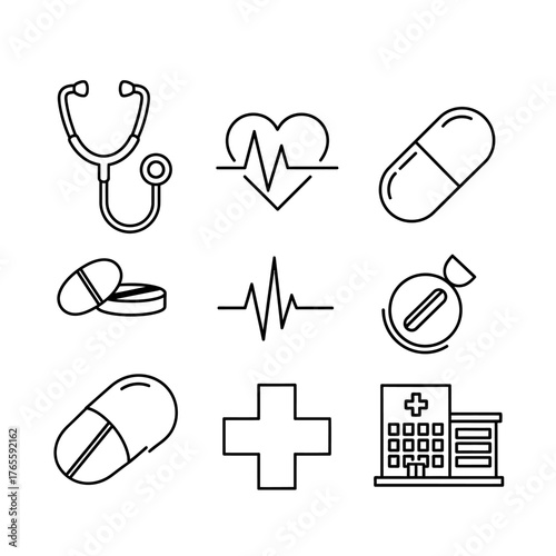 Medical Icons Stethoscope Heartbeat Pills and Hospital Outline.