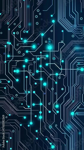 Abstract glowing blue circuit board pattern with intricate lines and connections on dark background