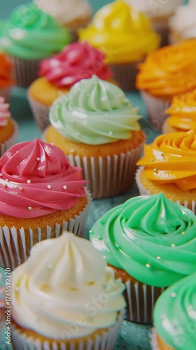 Assorted colorful frosted cupcakes arranged closely on a teal surface frosting