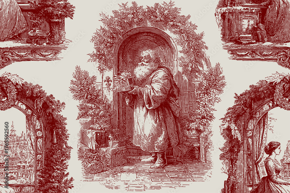 Naklejka premium Traditional European Christmas scenes. Seamless vector pattern. Vintage engraving or ink drawing style vector illustration.