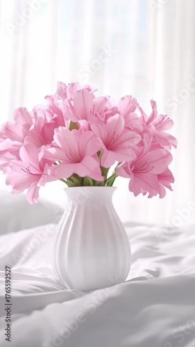 Delicate pink lilies bloom in a smooth white vase resting on soft white fabric
