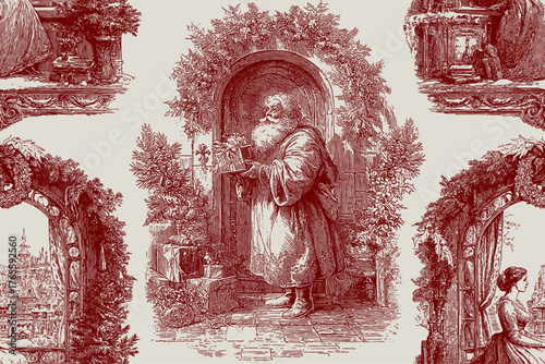 Traditional European Christmas scenes. Seamless vector pattern. Vintage engraving or ink drawing style vector illustration.