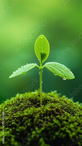 Tiny green plant seedling emerging from moss covered in water droplets with blurred green background