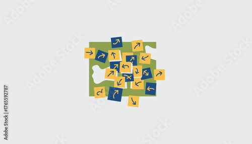 Abstract illustration showing many yellow and blue square cards with arrows pointing in various and unpredictable directions, symbolizing choice, dilemma, and complexity