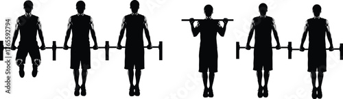 Barbell exercise silhouette, fitness training pose, gym workout movement, strength lifting form, deadlift clean transition, athletic routine, muscle building action