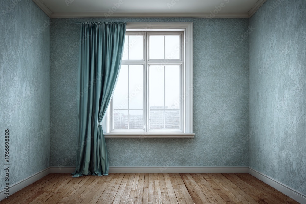 Fototapeta premium Empty room with turquoise curtain and window view.