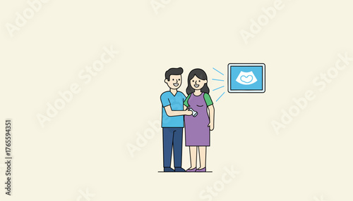 Smiling man and pregnant woman happily receiving an ultrasound examination, visualizing their unborn baby through a monitor, representing family planning and new beginnings
