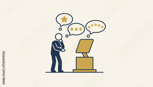 Customer icon is standing near a feedback kiosk, looking at different star ratings in thought bubbles, indicating the process of providing opinion and assessing service satisfaction