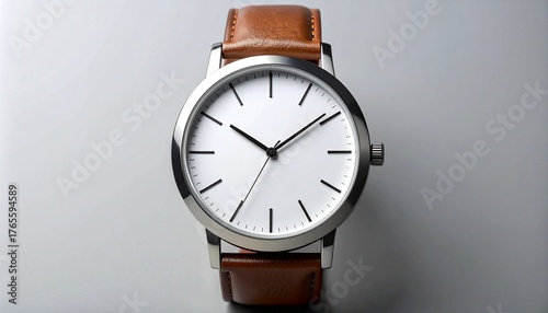 Minimalist wristwatch with brown leather strap and silver case on neutral background