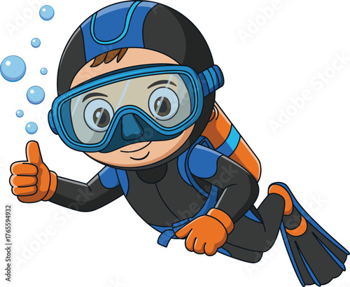 Cartoon child scuba diving underwater, cheerful kid in wetsuit, diving mask, oxygen tank, marine bubbles, thumbs up, ocean adventure