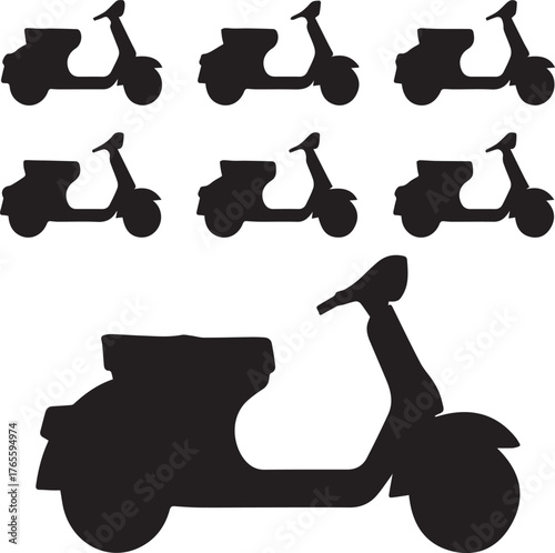 Collection of black silhouette scooters and motorbikes on a white background vector