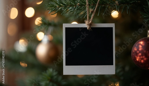 Blank black polaroid hanging on Christmas tree with bokeh background