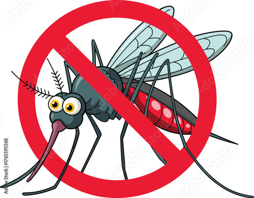 Cartoon mosquito illustration, mosquito control symbol, no mosquito sign, insect prevention graphic, pest repellent icon, health safety awareness design