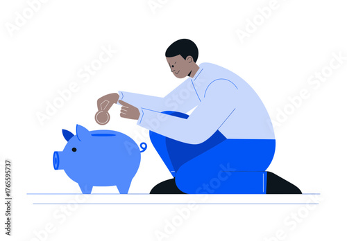 
Flat illustration of a person putting coins into a piggy bank, with a flat vector design and a white background.
