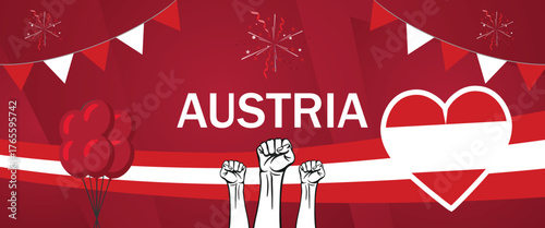 Modern horizontal Austria National Day banner with waving flags and cheering hands, ideal for celebration cards, event posters, or online banners.