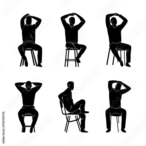 
Set of black vector icons depicting a person sitting on a chair or stool and holding their hands behind their head in different poses, against a white background.