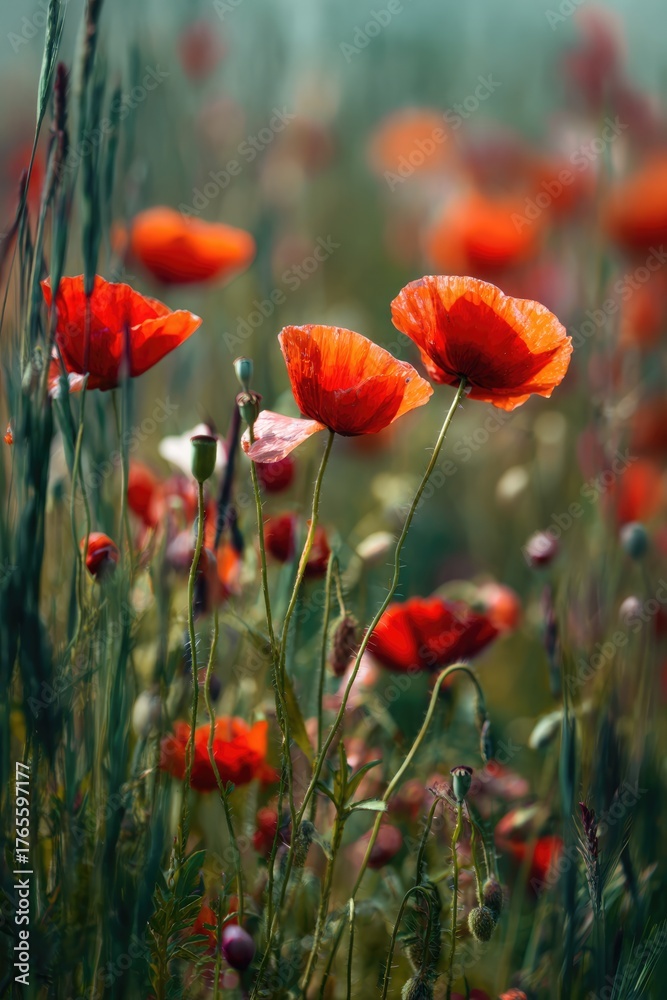 Fototapeta premium Vibrant red poppies in a field of green grass