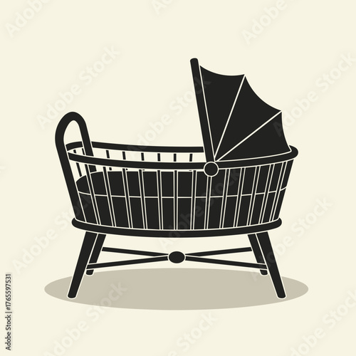 Classic baby crib shown in black silhouette on beige backdrop, baby crib designed with traditional canopy and spindle sides.