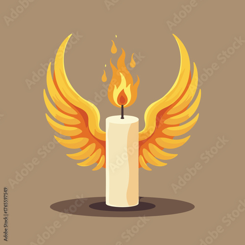 Candle flame illustration showing burning candle with stylized wings, soft glow effect. Candle flame emits flickering light, symbolizes hope and spirituality.