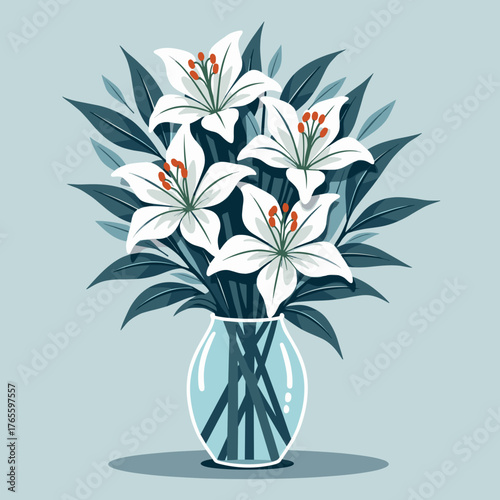 White lilies in vase, creating an elegant centerpiece for any room, showcases pure beauty. White lilies bring grace and tranquility,