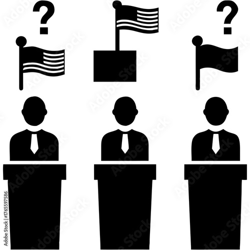 Political debate uncertainty with candidates, flags and questions, creating suspense and anticipation for election campaigns and civic engagement events