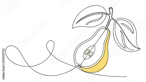 Elegant single line drawing captures a halved pear with leaves, exuding natural simplicity and modern artistic flair for healthy lifestyle designs.
