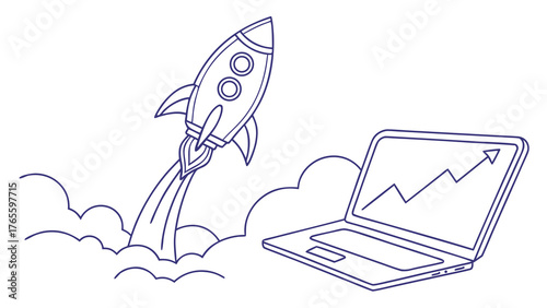 Dynamic rocket blasting off towards success with laptop displaying upward trending growth chart, symbolizing business acceleration and financial progress.