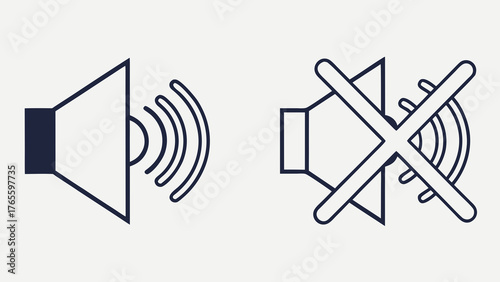 Crisp, modern icons represent sound on and sound off symbols, perfect for digital interfaces, apps, and presentations, offering clear visual communication.