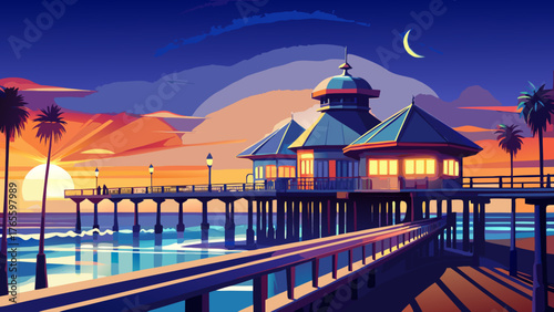 Very beautiful nighttime view of Huntington Beach Pier, California, USA, illuminated by soft lights reflecting on gentle ocean waves, with the long pier stretching into the dark, serene waters under 