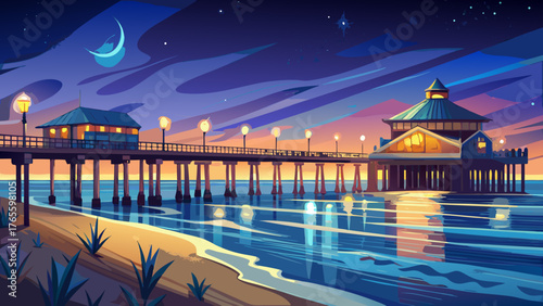 Very beautiful nighttime view of Huntington Beach Pier, California, USA, illuminated by soft lights reflecting on gentle ocean waves, with the long pier stretching into the dark, serene waters under 