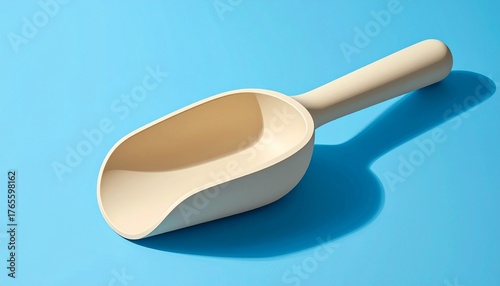 Beige plastic scoop casting shadow on bright blue surface