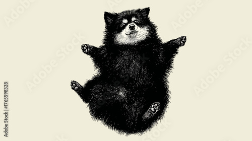 Adorable fluffy black and white puppy dog lying on its back with paws up, relaxed and happy, vintage style engraving illustration