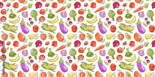 Seamless pattern with flat style vegetable, cabbage, artichoke, broccoli, corn, peas, eggplant, tomato, carrot and pepper on white background. Design for grocery store packaging.