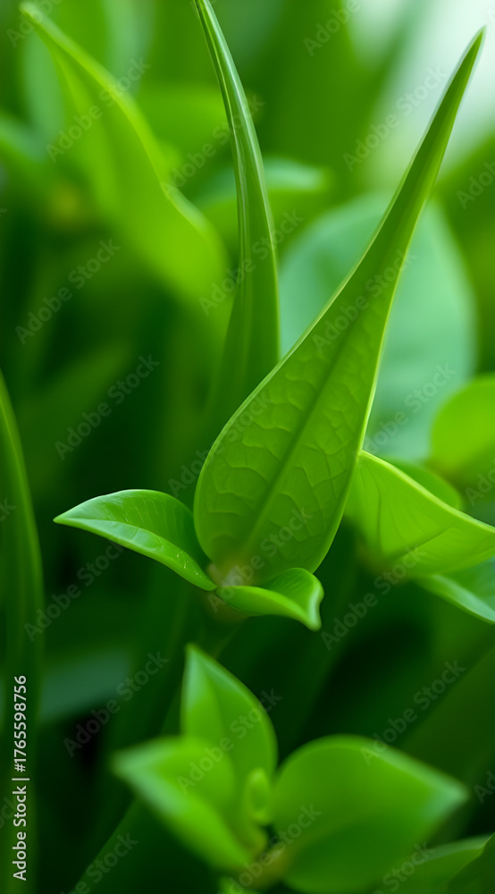 Obraz premium Vibrant close-up of fresh green leaves showing detailed veins and new growth, a serene botanical nature background for a calming Wallpaper