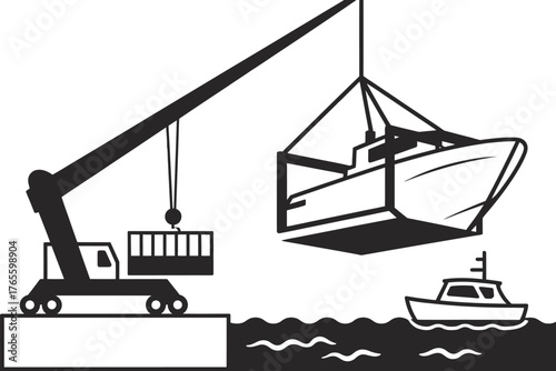 Minimalist vector illustration of crane loading boat cargo onto ship maritime logistics scalable eps silhouette vector illustration white background