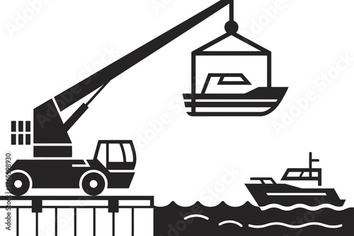 Vector illustration of a shipyard crane lifting a boat and a vessel on water silhouette vector illustration white background