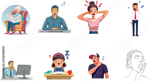 Set of People Yawning Vector Illustration, Tired Sleepy Characters Collection and Concept